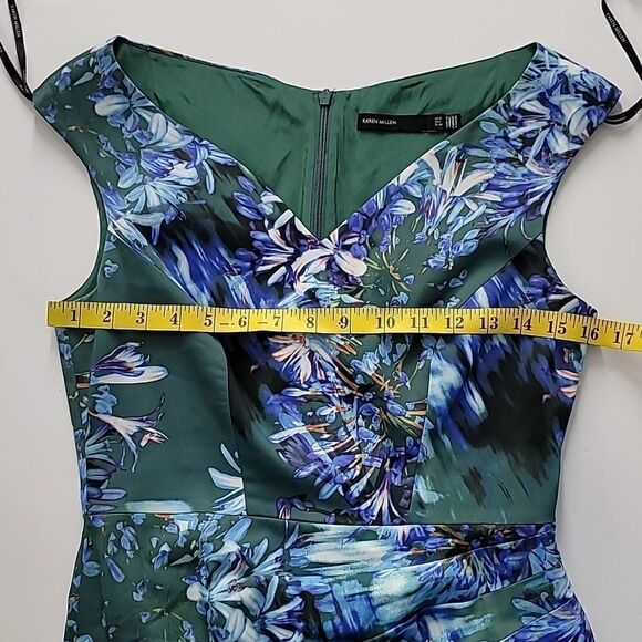 Karen Millen Womens Back Zip V Neck Floral Sheath Dress Green Blue Size 8 - Picture 7 of 11